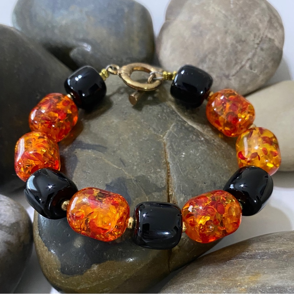 Handmade Red & Orange Amber Glass Beaded Bracelet